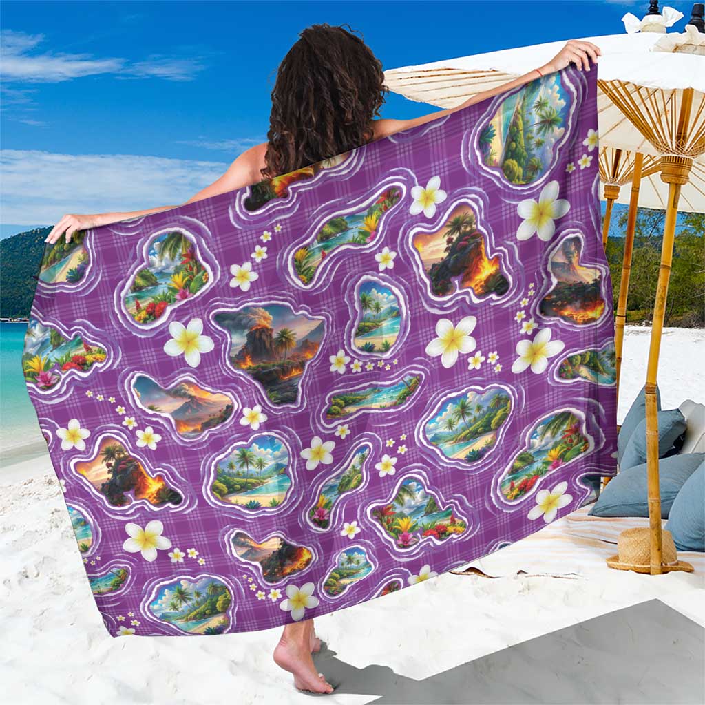 Hawaiian Island Shapes-Iconic Landscape Sarong with Plumeria and Palaka Purple Color LT03 One Size 44 x 66 inches Purple - Polynesian Pride