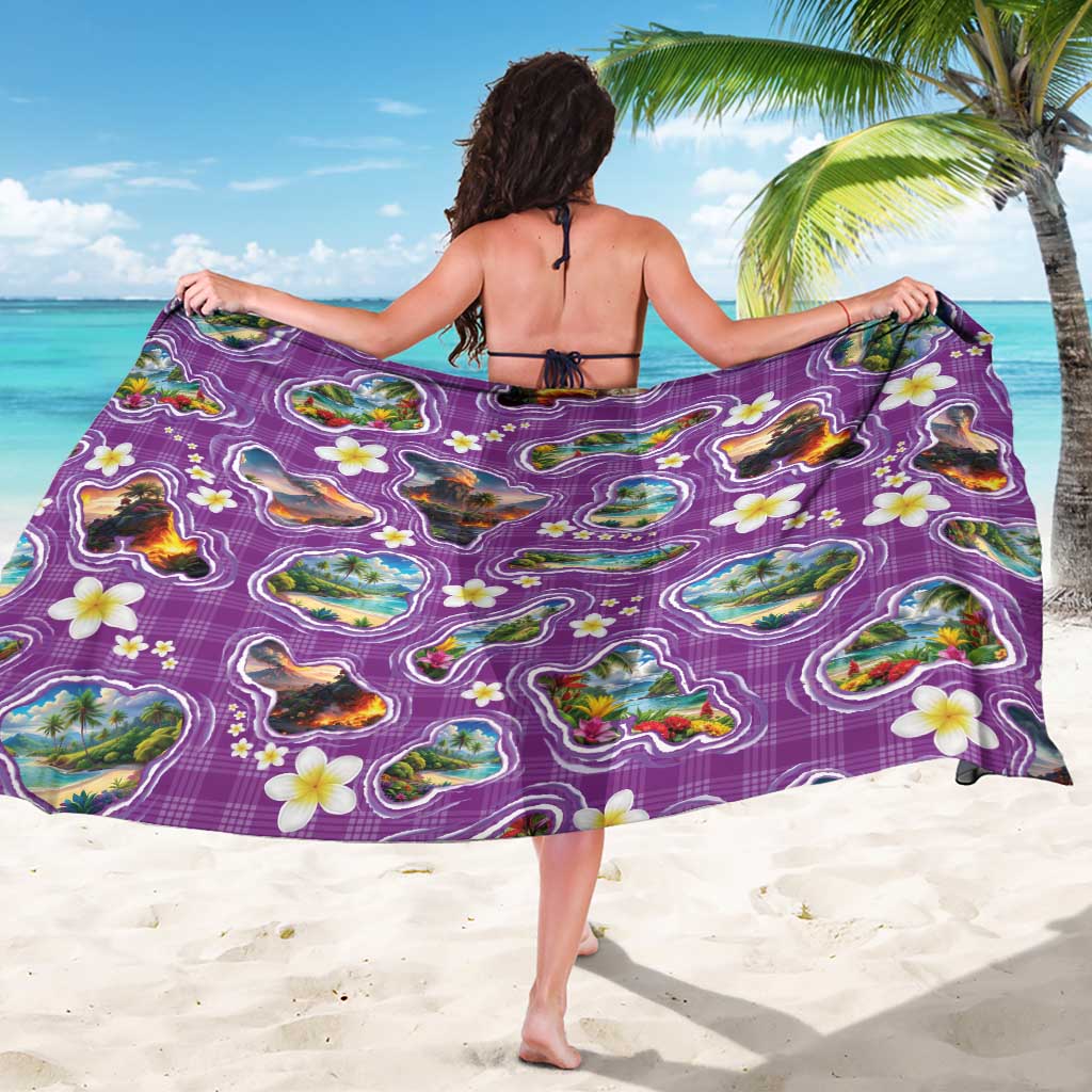 Hawaiian Island Shapes-Iconic Landscape Sarong with Plumeria and Palaka Purple Color LT03 - Polynesian Pride