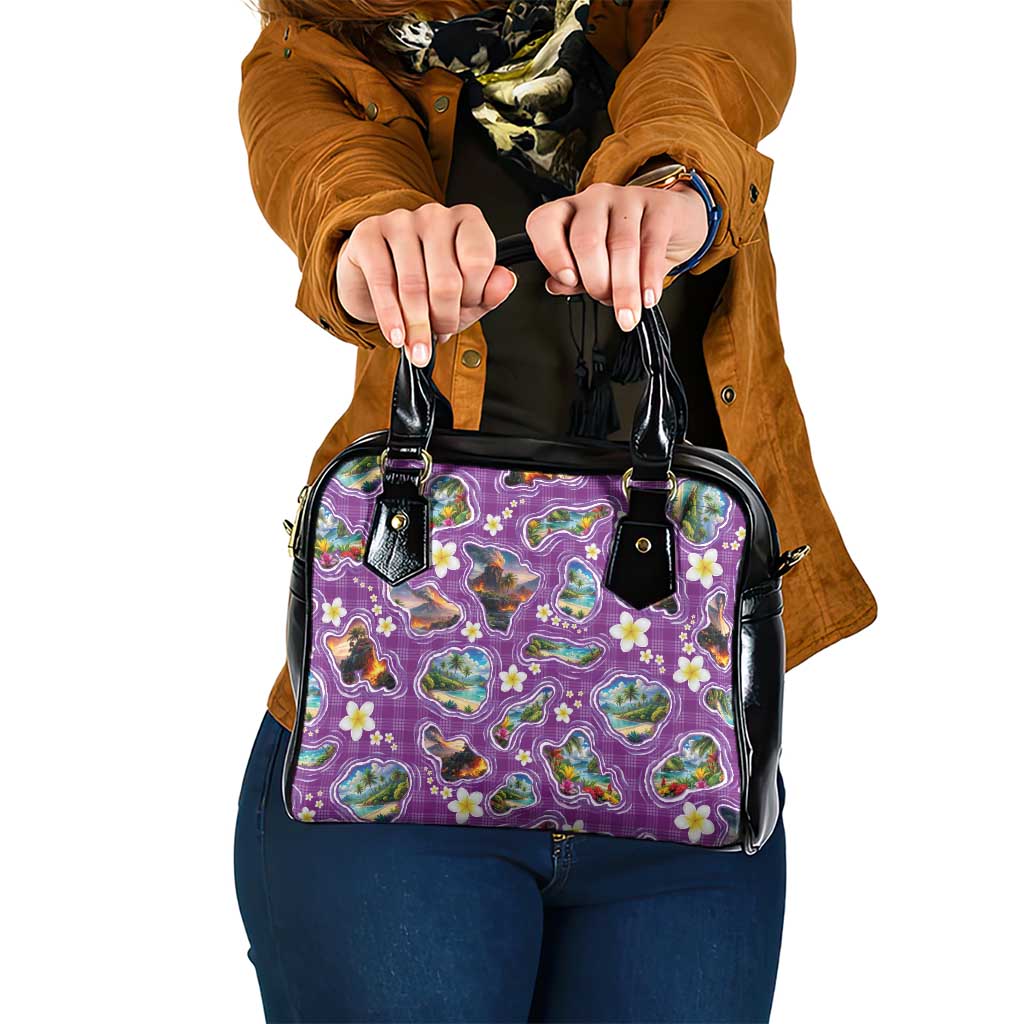Hawaiian Island Shapes-Iconic Landscape Shoulder Handbag with Plumeria and Palaka Purple Color LT03 One Size Purple - Polynesian Pride