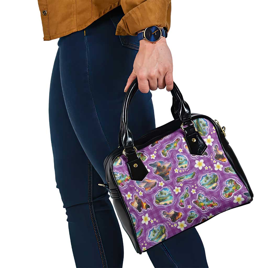 Hawaiian Island Shapes-Iconic Landscape Shoulder Handbag with Plumeria and Palaka Purple Color LT03 - Polynesian Pride