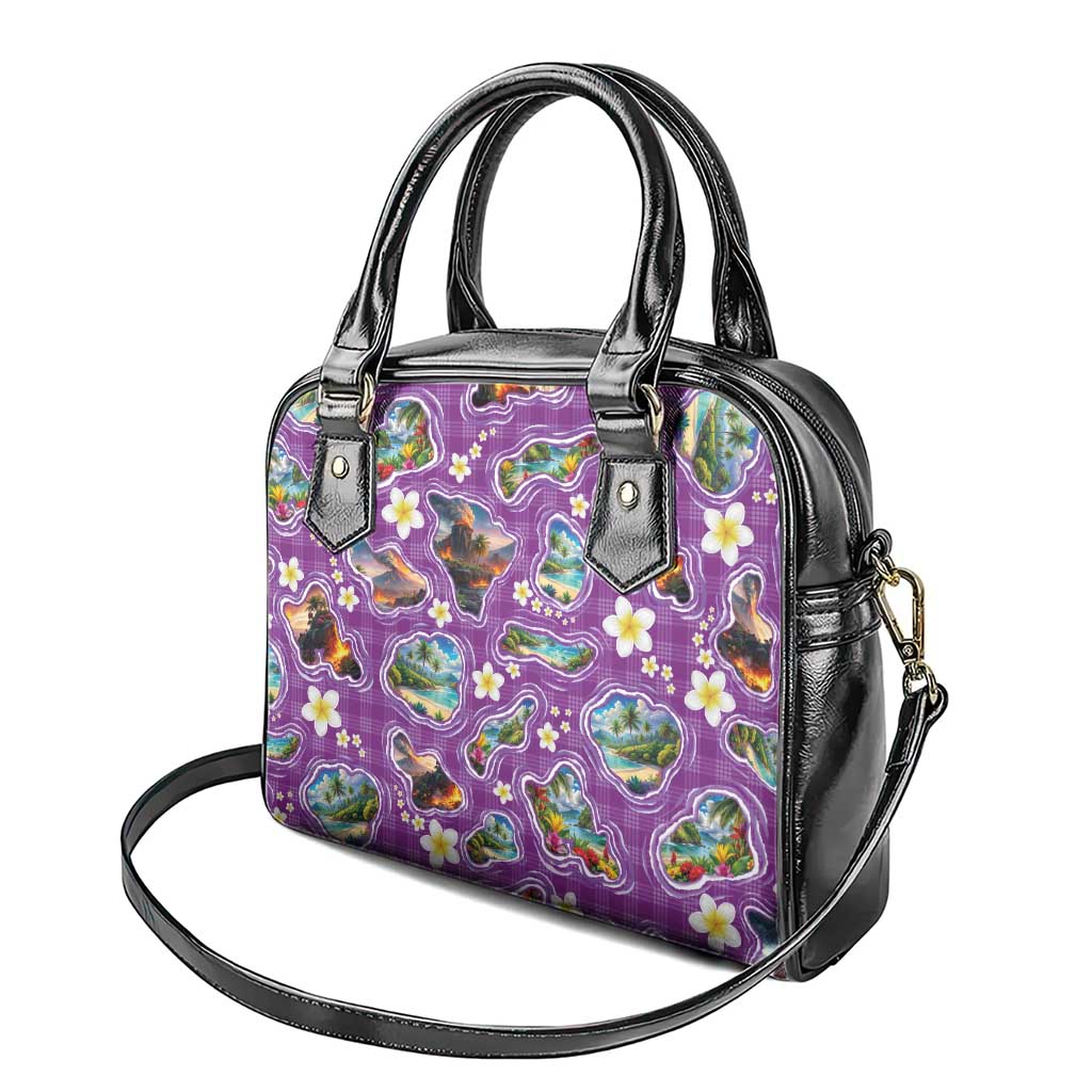 Hawaiian Island Shapes-Iconic Landscape Shoulder Handbag with Plumeria and Palaka Purple Color LT03 - Polynesian Pride