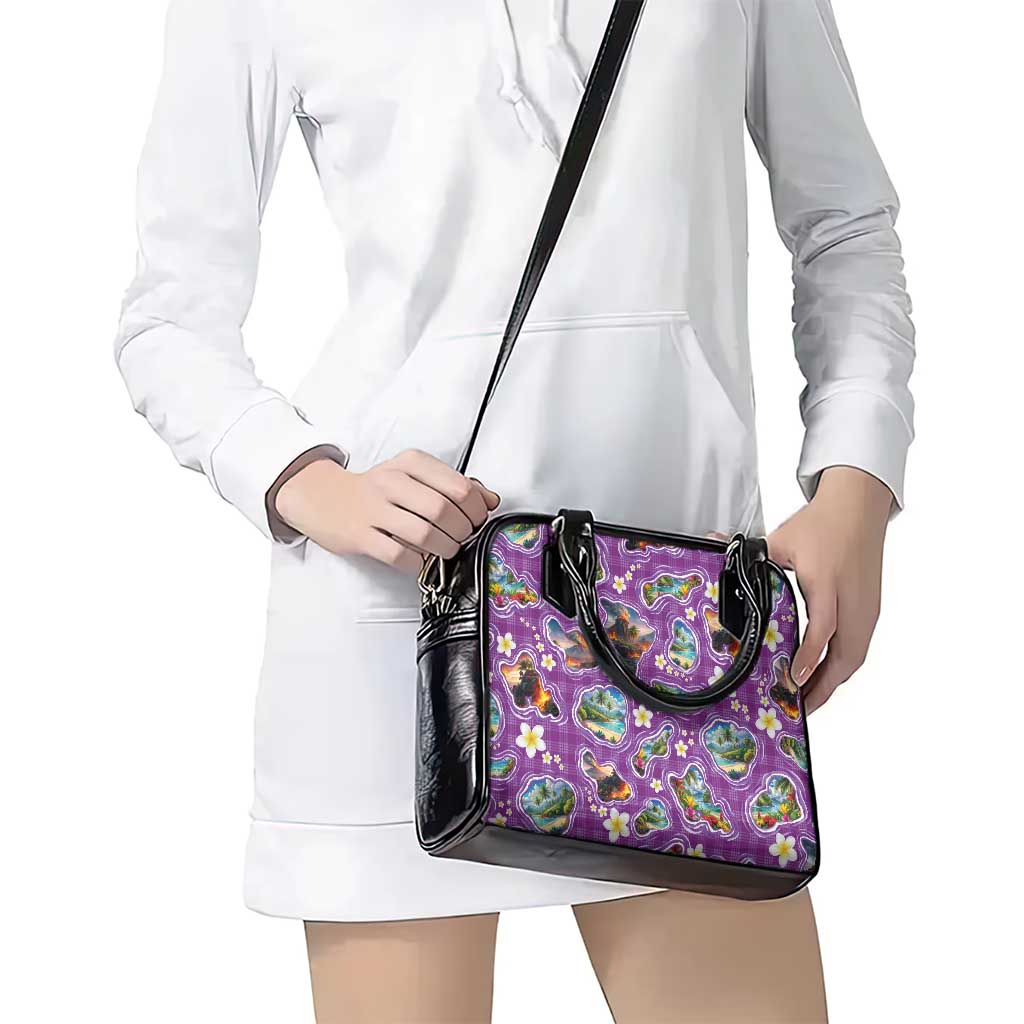 Hawaiian Island Shapes-Iconic Landscape Shoulder Handbag with Plumeria and Palaka Purple Color LT03 - Polynesian Pride