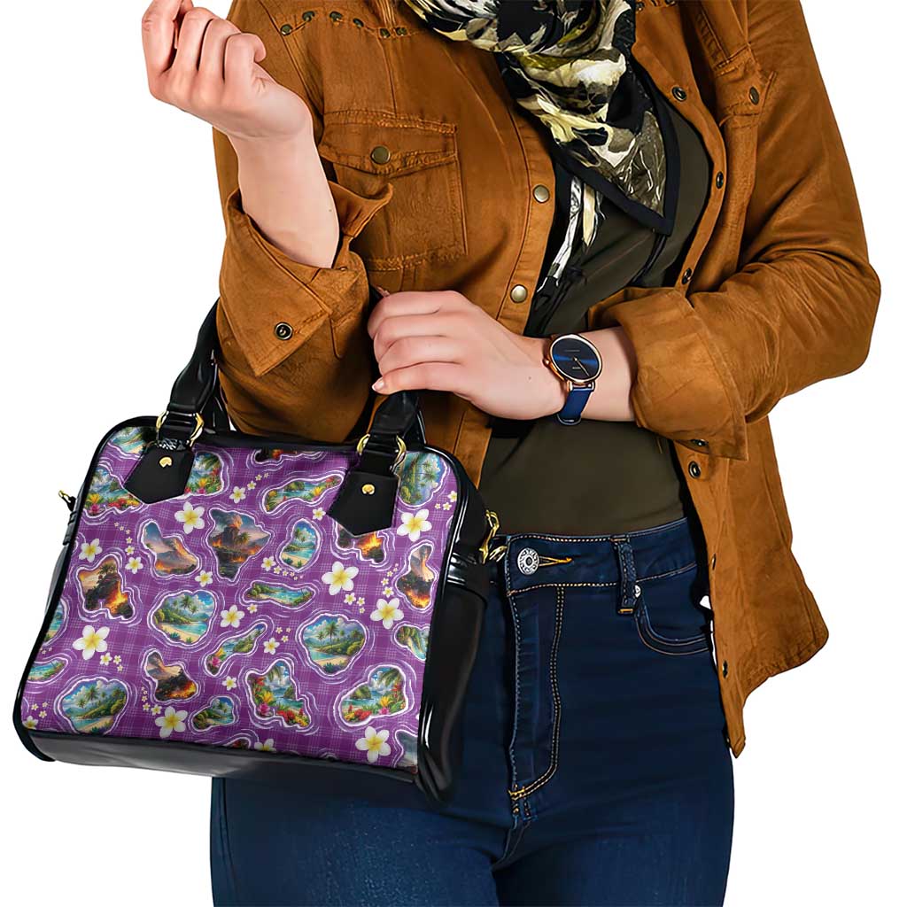 Hawaiian Island Shapes-Iconic Landscape Shoulder Handbag with Plumeria and Palaka Purple Color LT03 - Polynesian Pride
