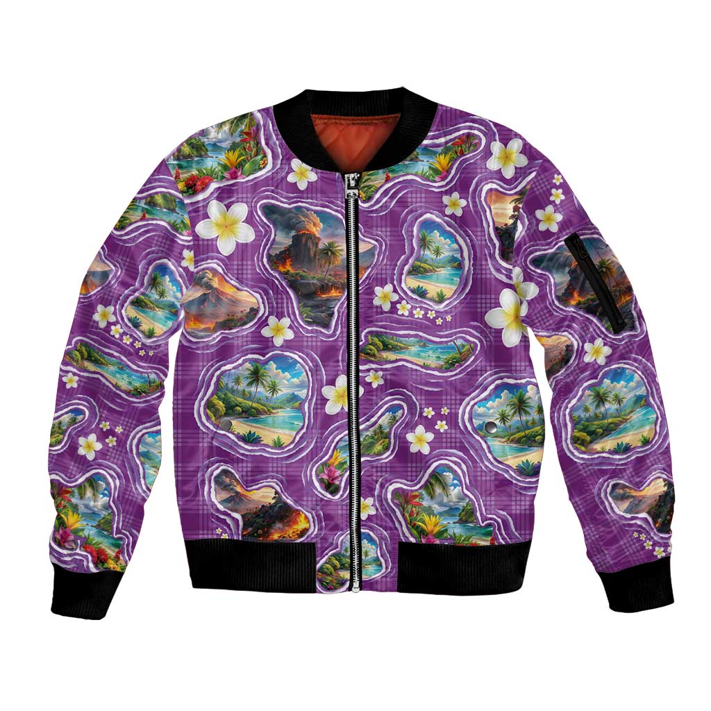 Hawaiian Island Shapes-Iconic Landscape Sleeve Zip Bomber Jacket with Plumeria and Palaka Purple Color LT03 Unisex Purple - Polynesian Pride