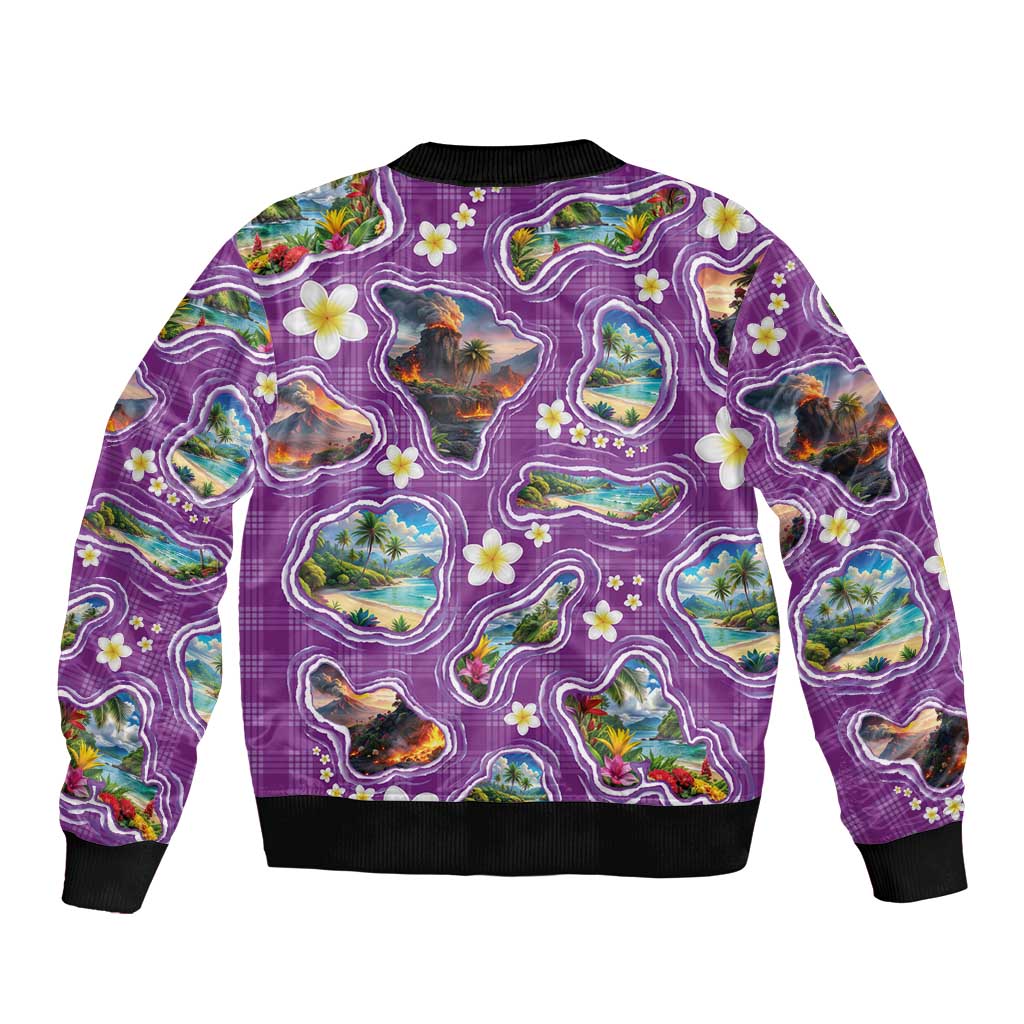 Hawaiian Island Shapes-Iconic Landscape Sleeve Zip Bomber Jacket with Plumeria and Palaka Purple Color LT03 - Polynesian Pride