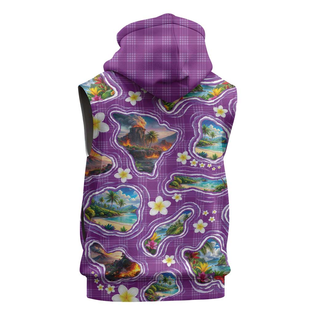 Hawaiian Island Shapes-Iconic Landscape Sleeveless Hoodie with Plumeria and Palaka Purple Color LT03 - Polynesian Pride