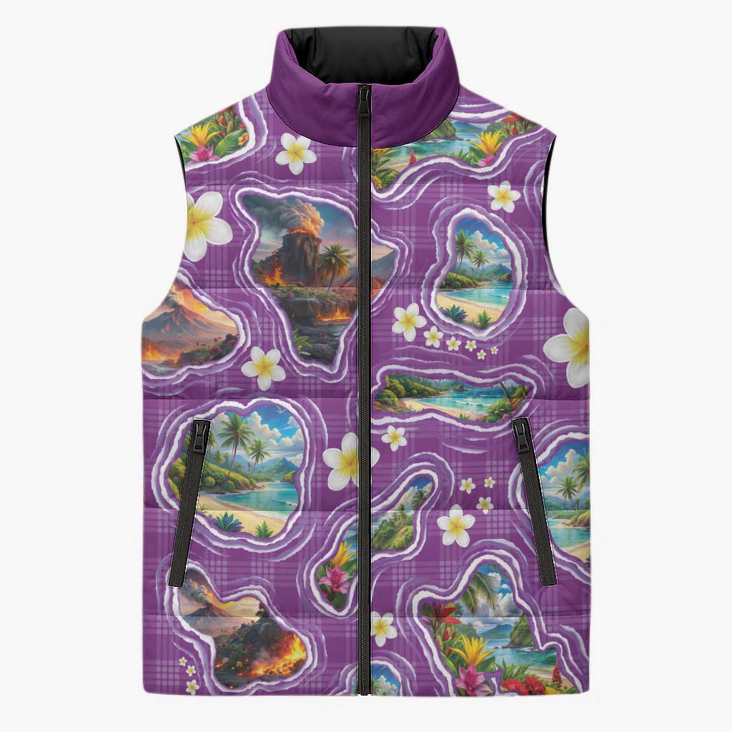Hawaiian Island Shapes-Iconic Landscape Sleeveless Puffer Jacket with Plumeria and Palaka Purple Color LT03 Unisex Purple - Polynesian Pride