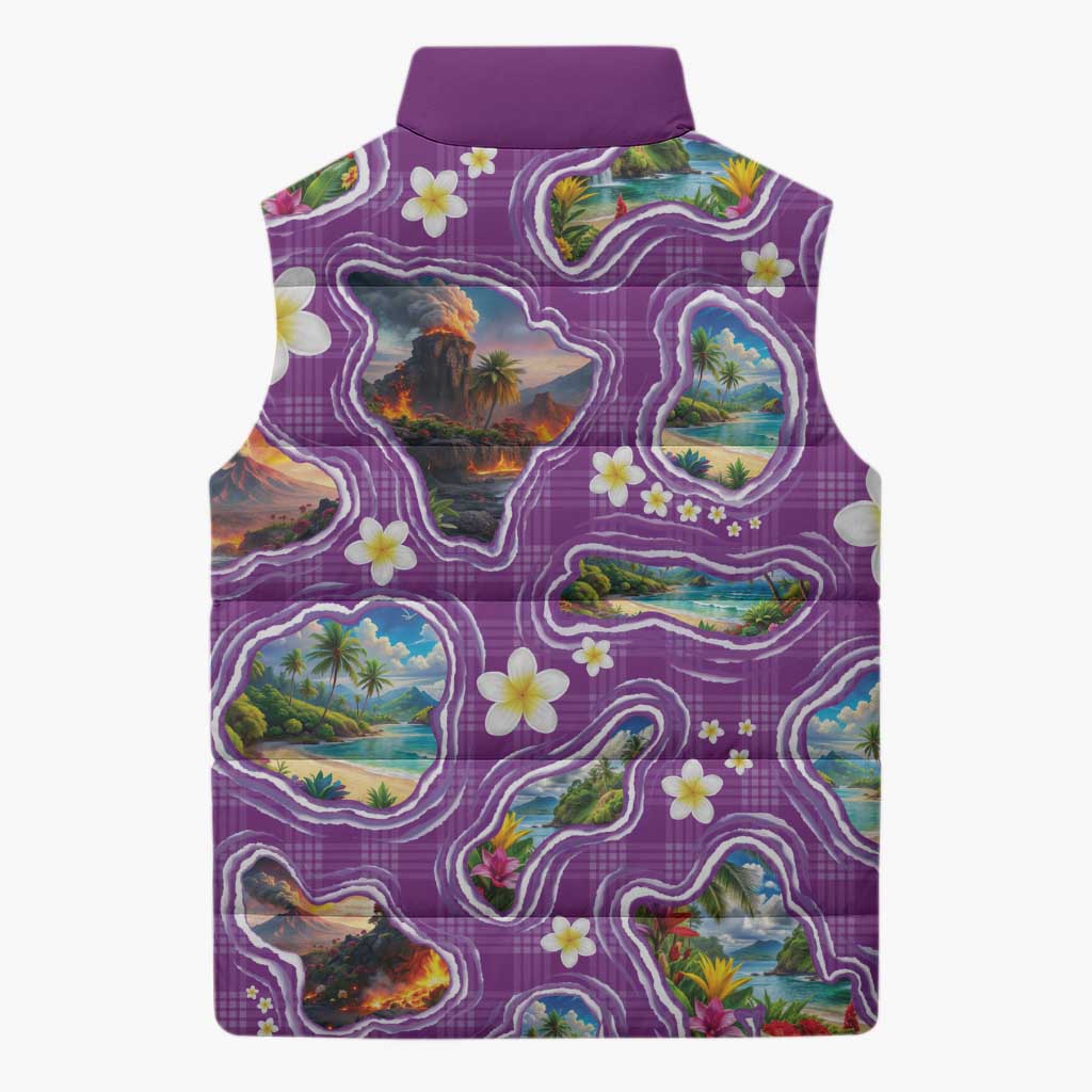 Hawaiian Island Shapes-Iconic Landscape Sleeveless Puffer Jacket with Plumeria and Palaka Purple Color LT03 - Polynesian Pride