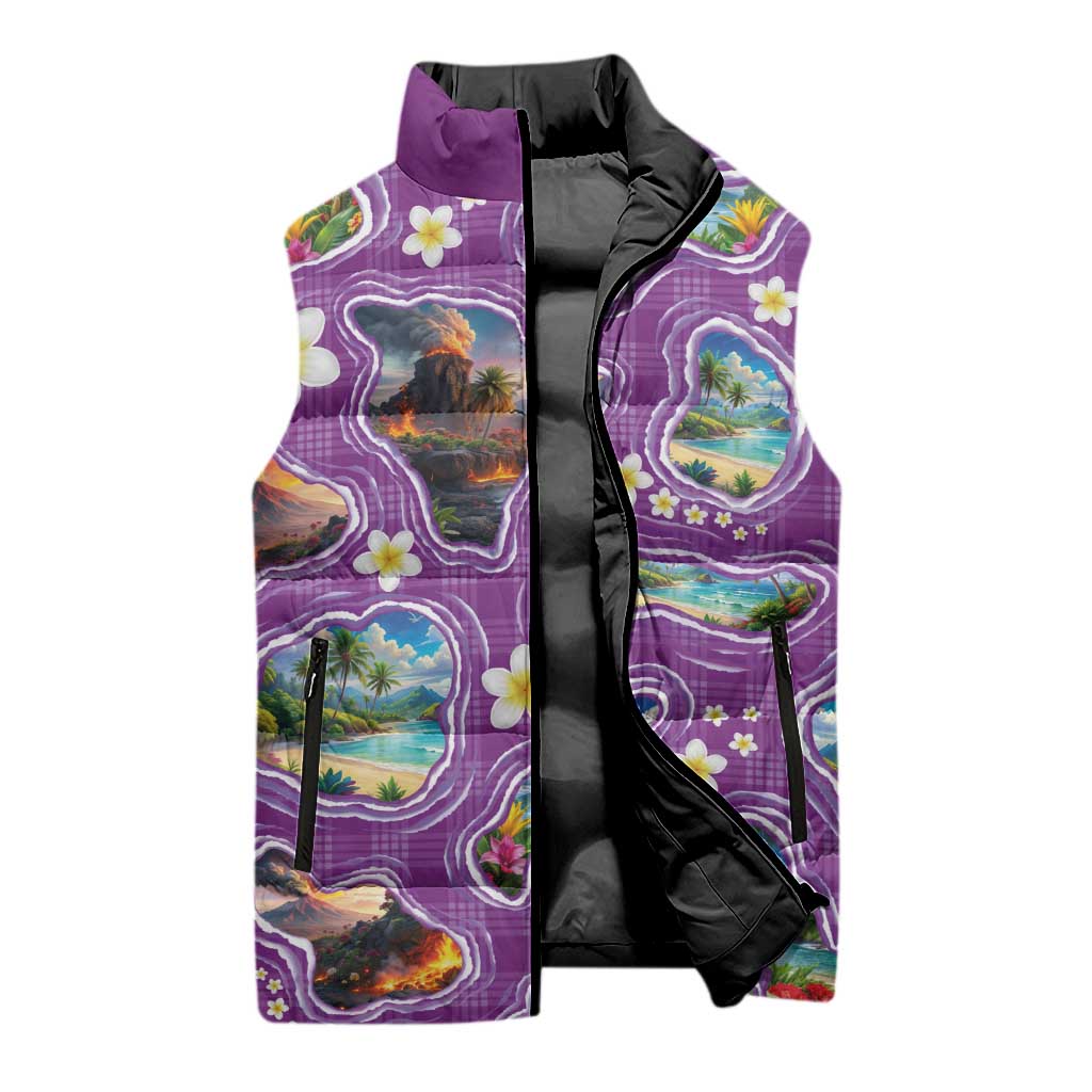 Hawaiian Island Shapes-Iconic Landscape Sleeveless Puffer Jacket with Plumeria and Palaka Purple Color LT03 - Polynesian Pride