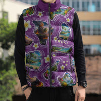 Hawaiian Island Shapes-Iconic Landscape Sleeveless Puffer Jacket with Plumeria and Palaka Purple Color LT03 - Polynesian Pride