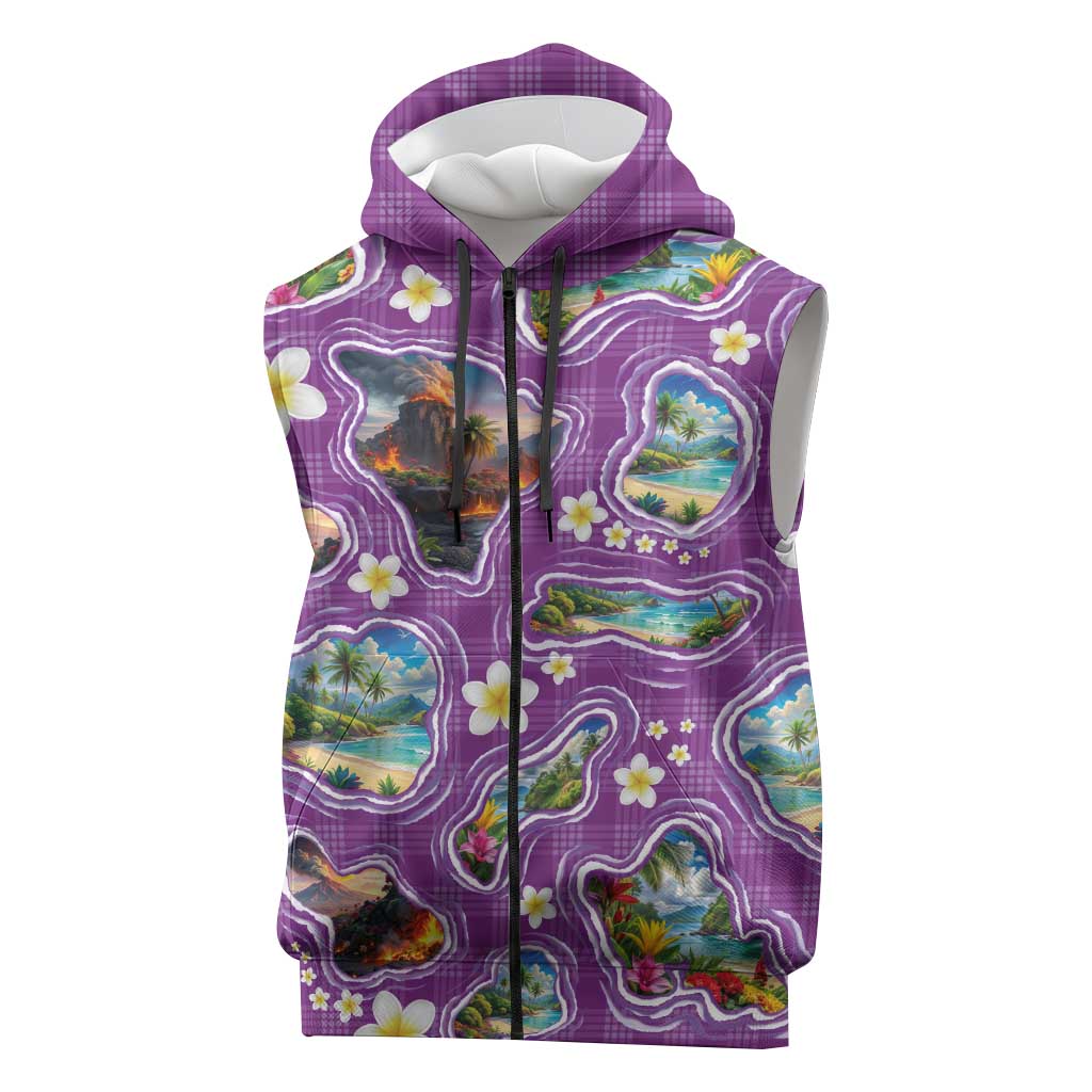Hawaiian Island Shapes-Iconic Landscape Sleeveless Zip Hoodie with Plumeria and Palaka Purple Color