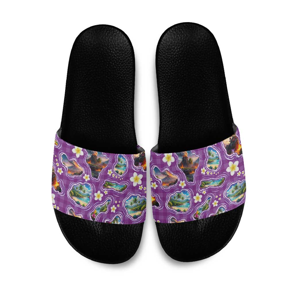 Hawaiian Island Shapes-Iconic Landscape Slide Sandals with Plumeria and Palaka Purple Color