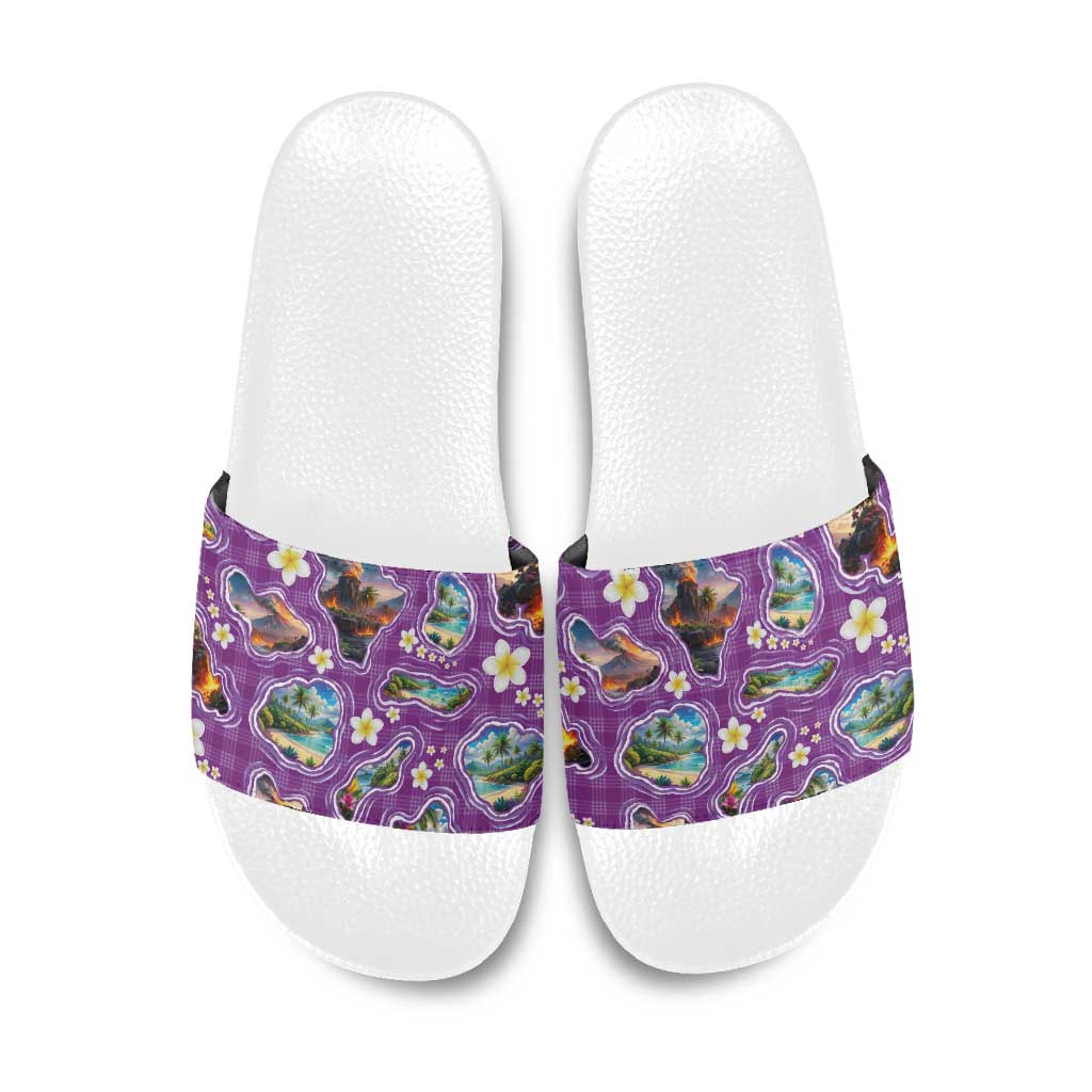 Hawaiian Island Shapes-Iconic Landscape Slide Sandals with Plumeria and Palaka Purple Color LT03 Purple - Polynesian Pride