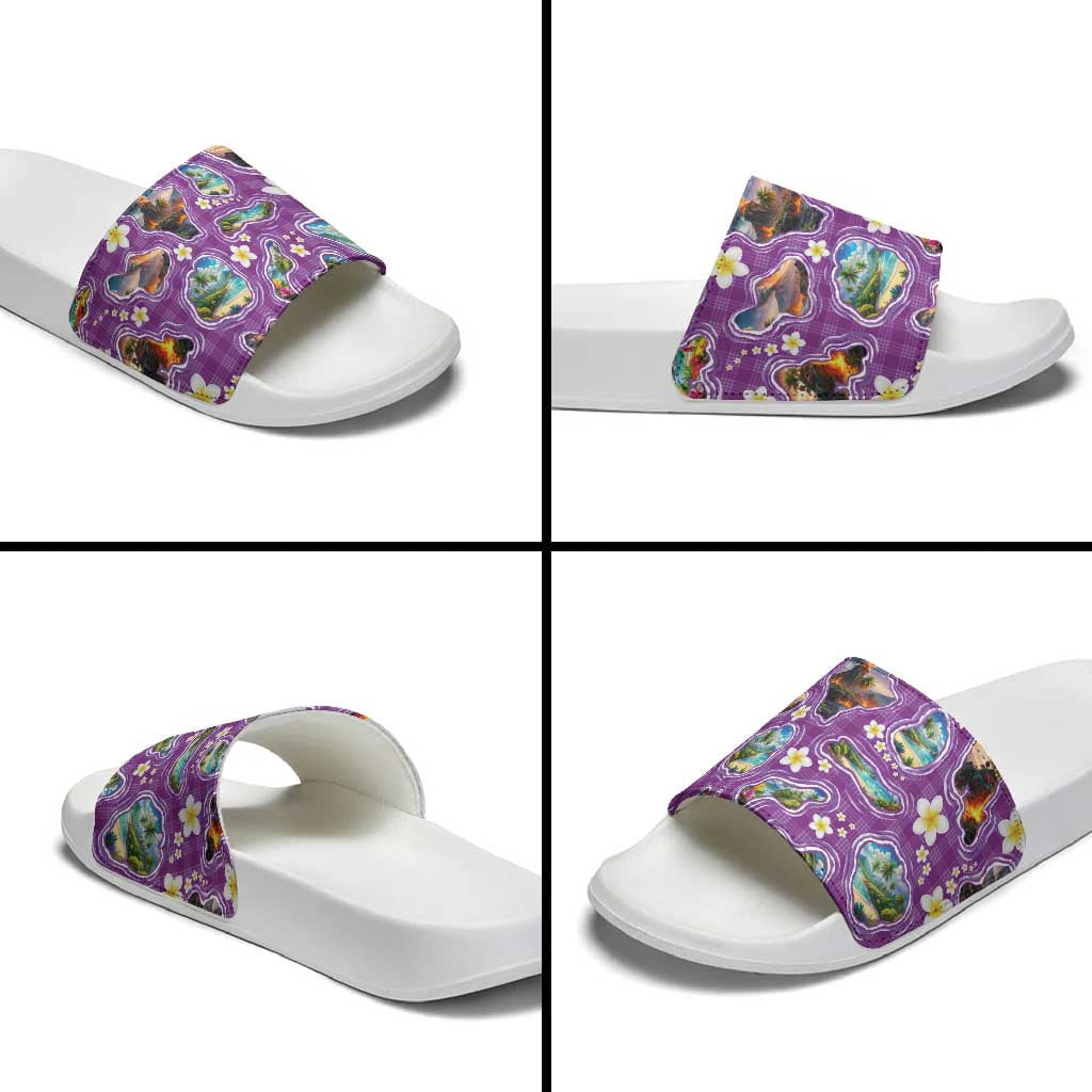 Hawaiian Island Shapes-Iconic Landscape Slide Sandals with Plumeria and Palaka Purple Color LT03 - Polynesian Pride