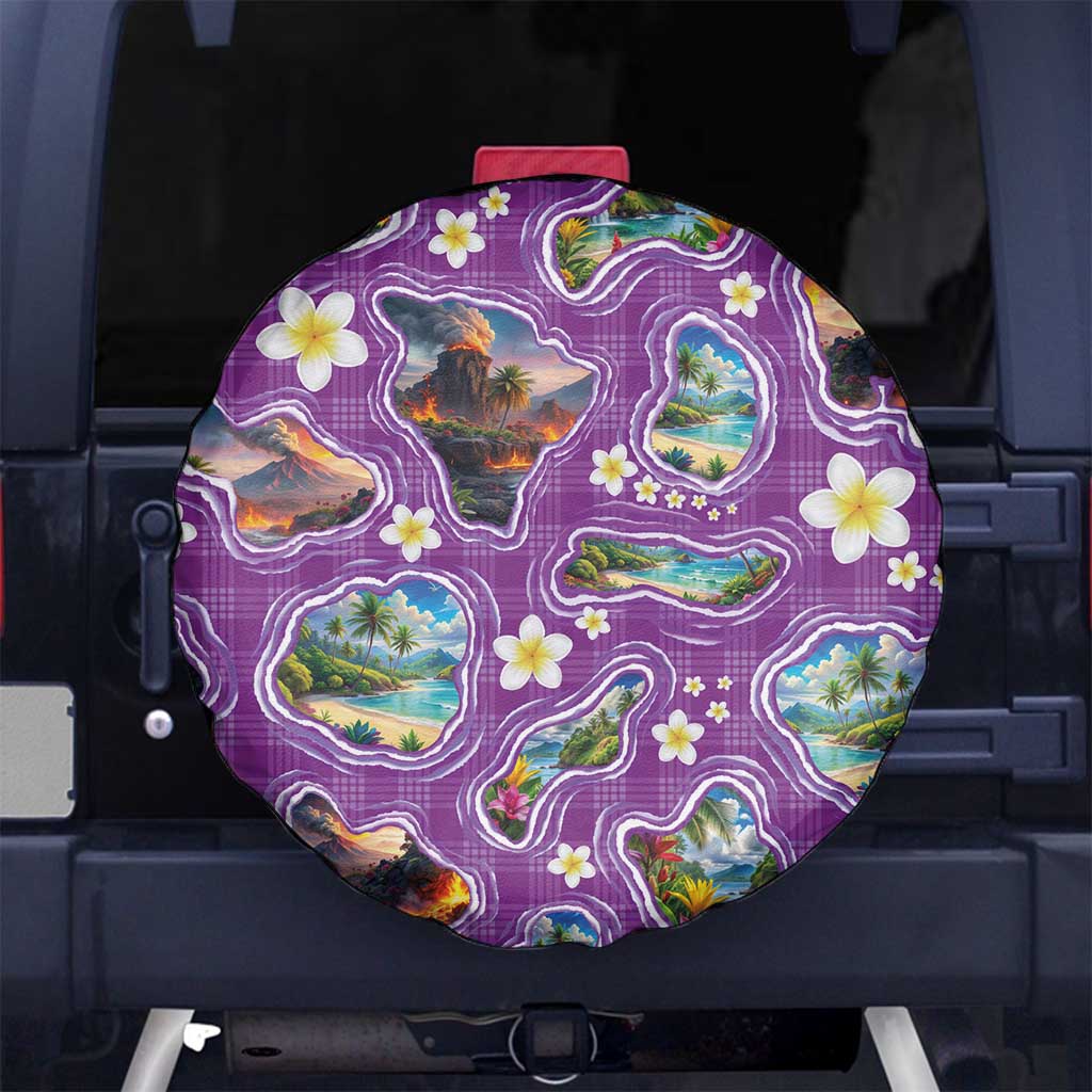 Hawaiian Island Shapes-Iconic Landscape Spare Tire Cover with Plumeria and Palaka Purple Color LT03 No hole Purple - Polynesian Pride