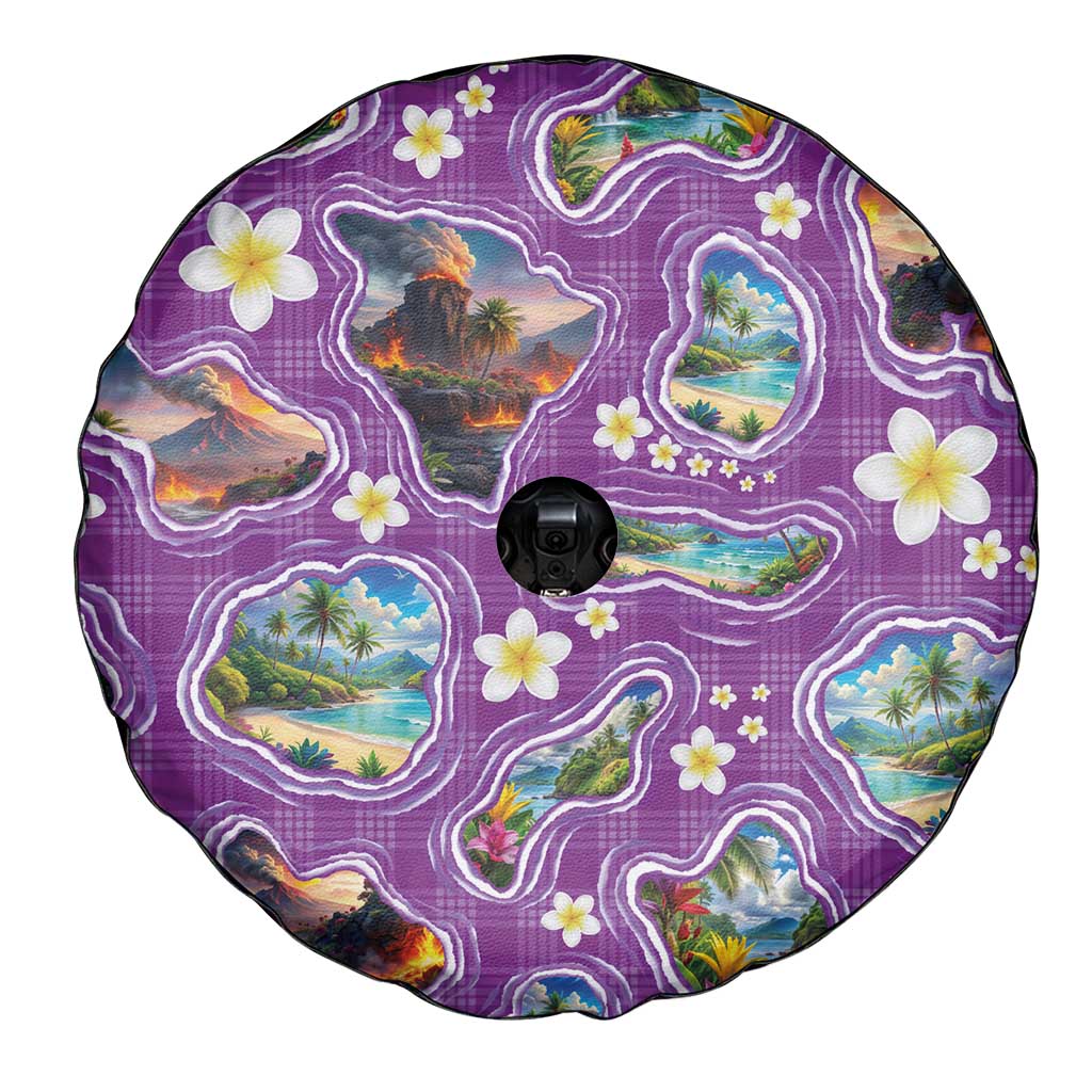 Hawaiian Island Shapes-Iconic Landscape Spare Tire Cover with Plumeria and Palaka Purple Color LT03 - Polynesian Pride