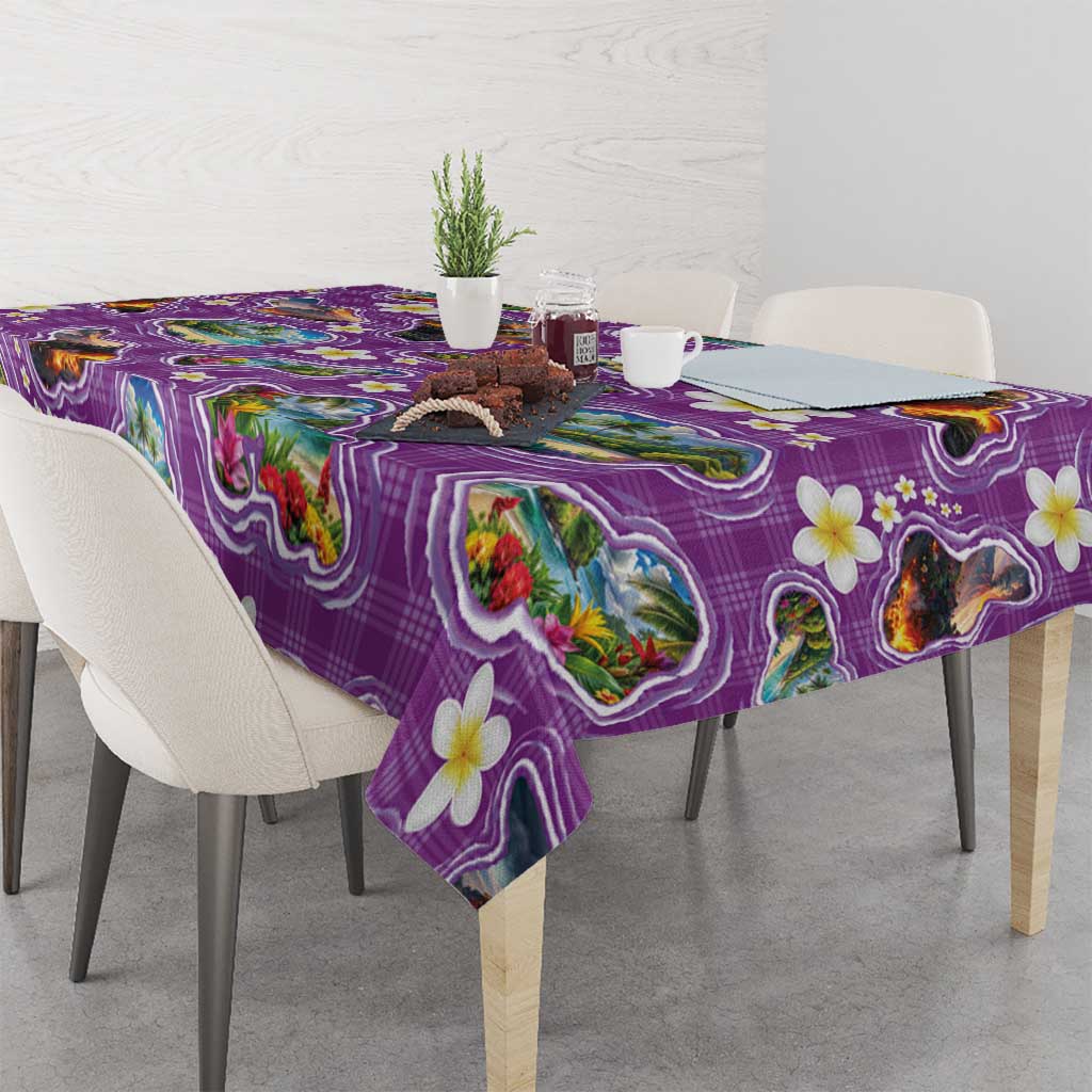 Hawaiian Island Shapes-Iconic Landscape Tablecloth with Plumeria and Palaka Purple Color LT03 - Polynesian Pride
