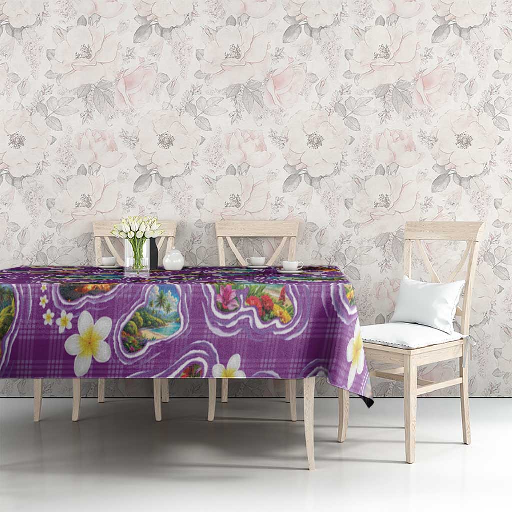 Hawaiian Island Shapes-Iconic Landscape Tablecloth with Plumeria and Palaka Purple Color LT03 - Polynesian Pride