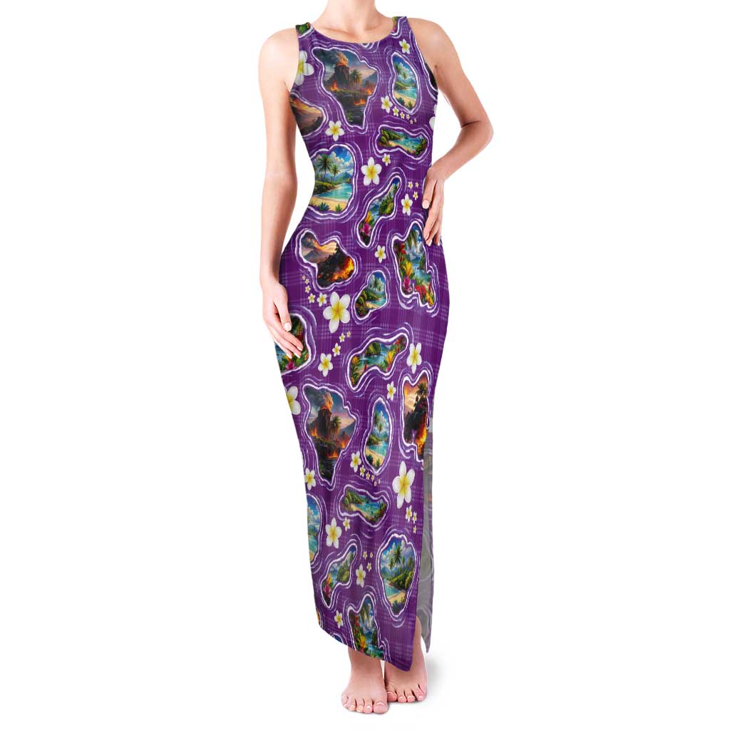 Hawaiian Island Shapes-Iconic Landscape Tank Maxi Dress with Plumeria and Palaka Purple Color