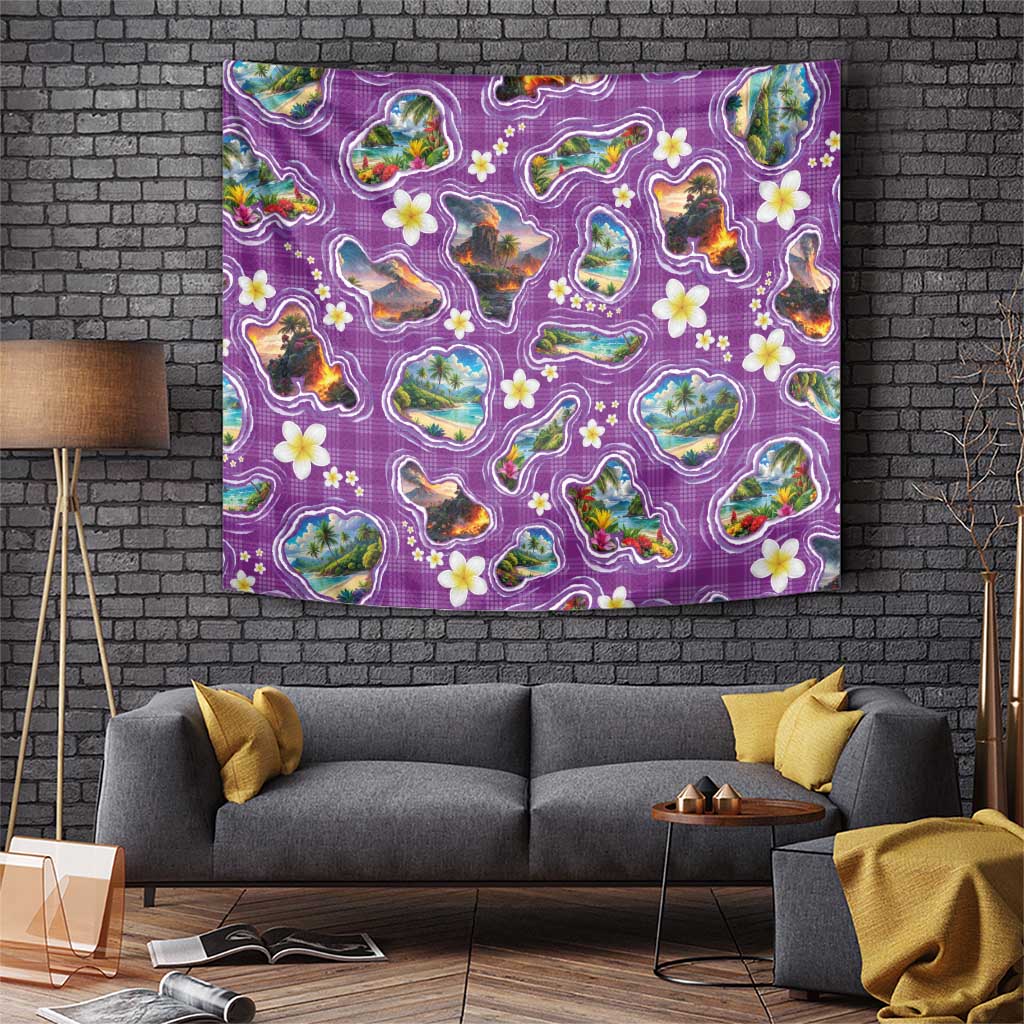 Hawaiian Island Shapes-Iconic Landscape Tapestry with Plumeria and Palaka Purple Color LT03 Purple - Polynesian Pride