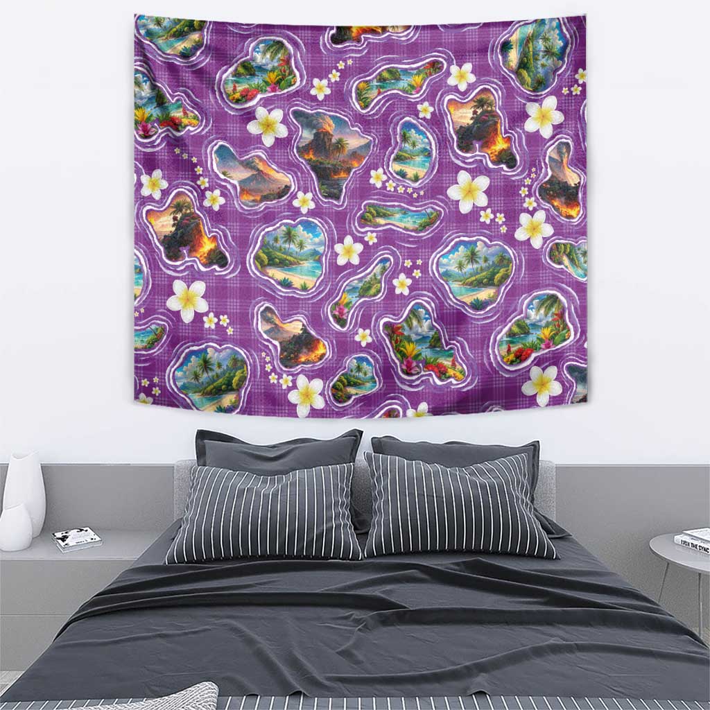 Hawaiian Island Shapes-Iconic Landscape Tapestry with Plumeria and Palaka Purple Color LT03 - Polynesian Pride
