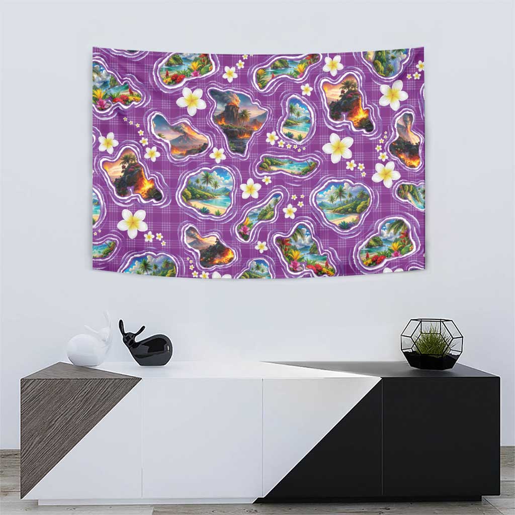 Hawaiian Island Shapes-Iconic Landscape Tapestry with Plumeria and Palaka Purple Color LT03 - Polynesian Pride