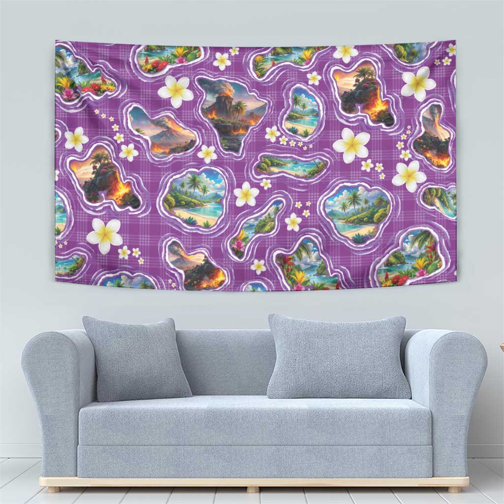 Hawaiian Island Shapes-Iconic Landscape Tapestry with Plumeria and Palaka Purple Color LT03 - Polynesian Pride