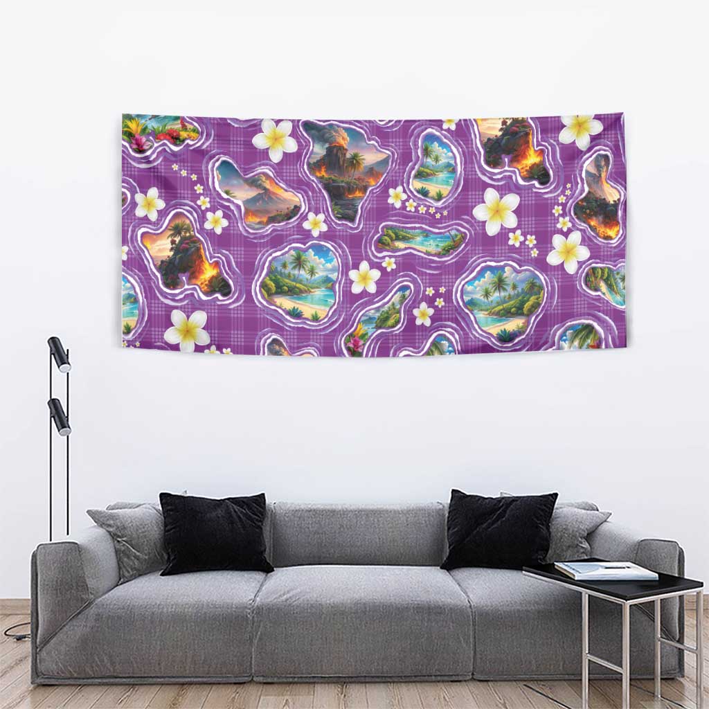 Hawaiian Island Shapes-Iconic Landscape Tapestry with Plumeria and Palaka Purple Color LT03 - Polynesian Pride