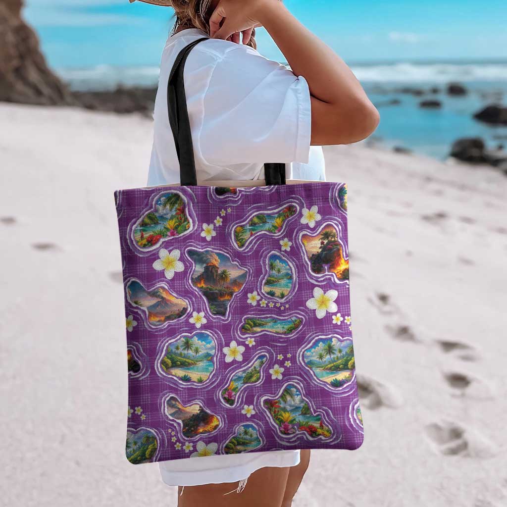 Hawaiian Island Shapes-Iconic Landscape Tote Bag with Plumeria and Palaka Purple Color LT03 - Polynesian Pride