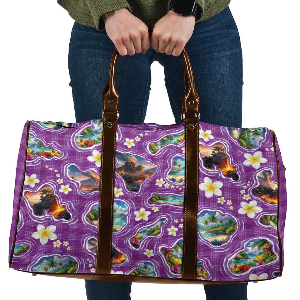 Hawaiian Island Shapes-Iconic Landscape Travel Bag with Plumeria and Palaka Purple Color