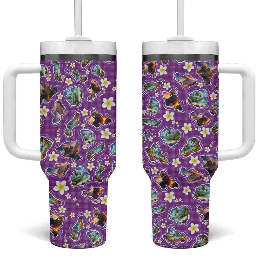 Hawaiian Island Shapes-Iconic Landscape Tumbler With Handle with Plumeria and Palaka Purple Color