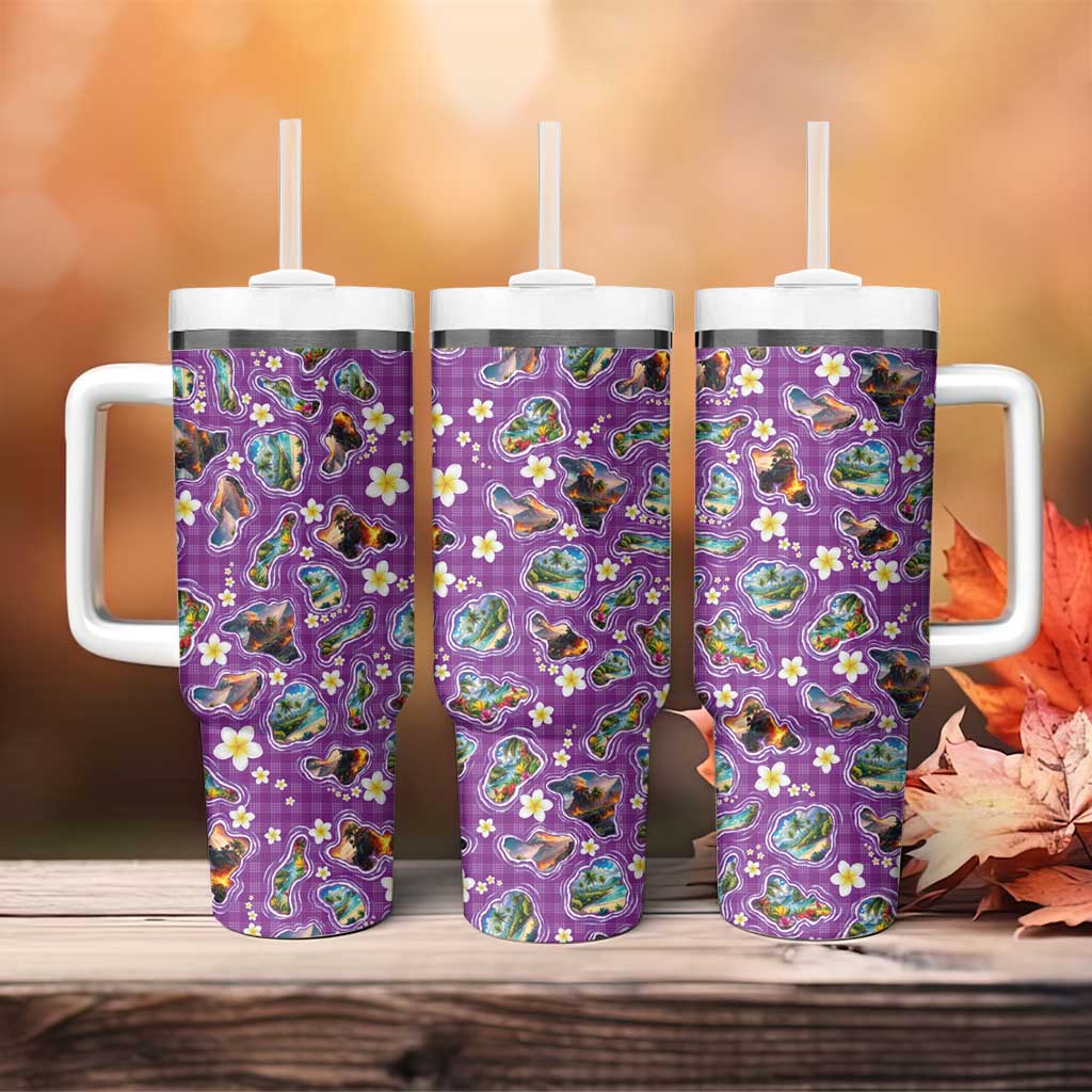 Hawaiian Island Shapes-Iconic Landscape Tumbler With Handle with Plumeria and Palaka Purple Color LT03 - Polynesian Pride