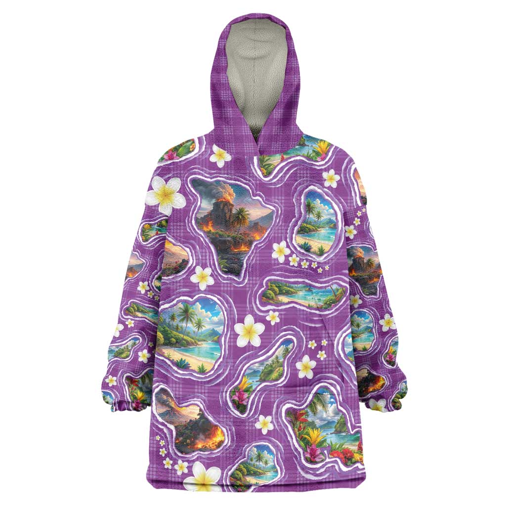 Hawaiian Island Shapes-Iconic Landscape Wearable Blanket Hoodie with Plumeria and Palaka Purple Color LT03 One Size Purple - Polynesian Pride