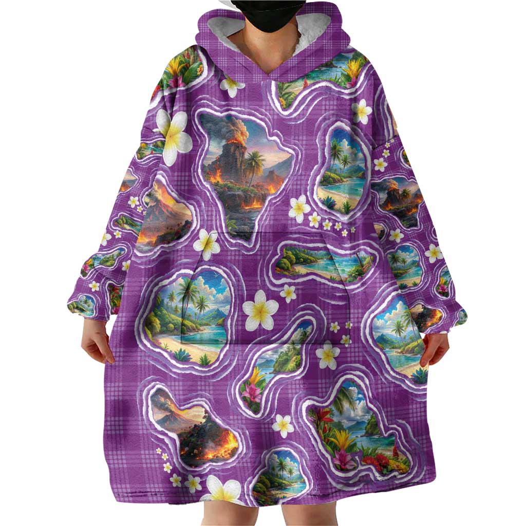 Hawaiian Island Shapes-Iconic Landscape Wearable Blanket Hoodie with Plumeria and Palaka Purple Color LT03 - Polynesian Pride