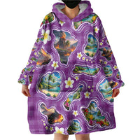 Hawaiian Island Shapes-Iconic Landscape Wearable Blanket Hoodie with Plumeria and Palaka Purple Color LT03 - Polynesian Pride