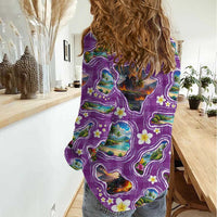 Hawaiian Island Shapes-Iconic Landscape Women Casual Shirt with Plumeria and Palaka Purple Color LT03 - Polynesian Pride