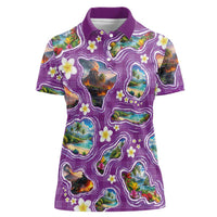 Hawaiian Island Shapes-Iconic Landscape Women Polo Shirt with Plumeria and Palaka Purple Color LT03 Female Purple - Polynesian Pride