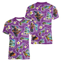 Hawaiian Island Shapes-Iconic Landscape Women V-Neck T-Shirt with Plumeria and Palaka Purple Color LT03 - Polynesian Pride
