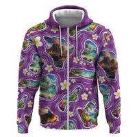 Hawaiian Island Shapes-Iconic Landscape Zip Hoodie with Plumeria and Palaka Purple Color LT03 Zip Hoodie Purple - Polynesian Pride