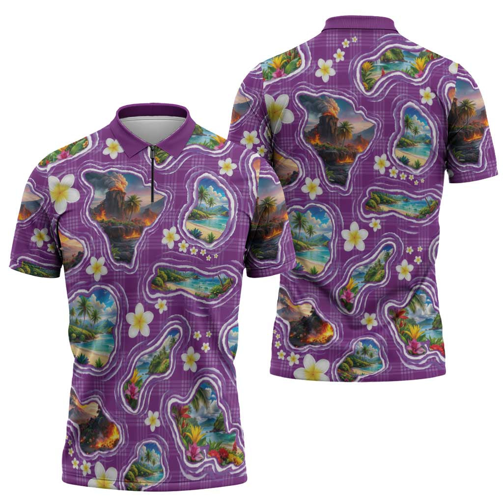 Hawaiian Island Shapes-Iconic Landscape Zipper Polo Shirt with Plumeria and Palaka Purple Color LT03 - Polynesian Pride