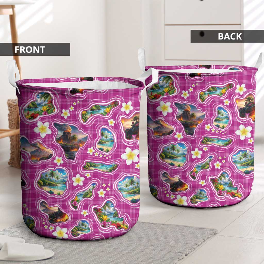 Hawaiian Island Shapes-Iconic Landscape Laundry Basket with Plumeria and Palaka Pink Color LT03 - Polynesian Pride