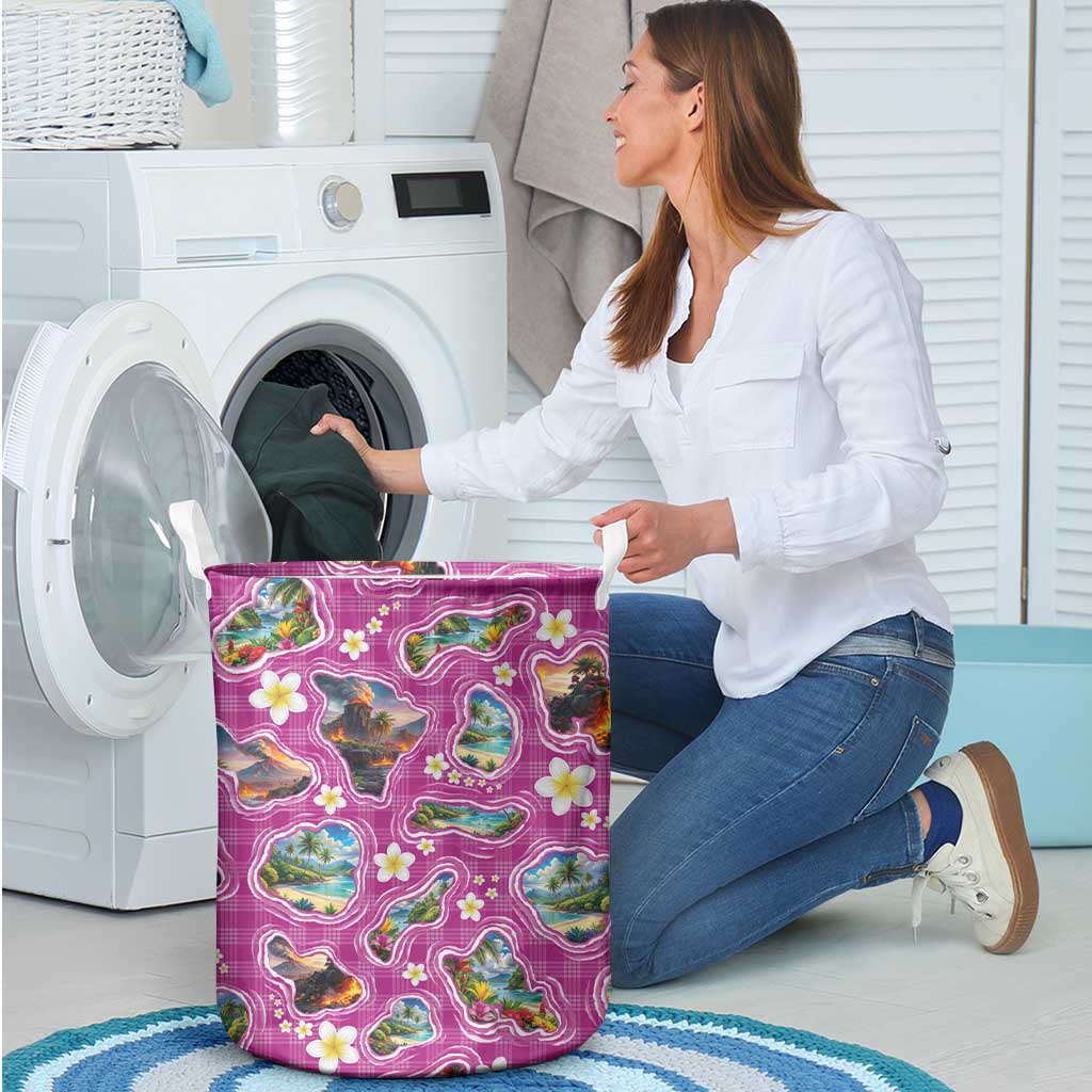 Hawaiian Island Shapes-Iconic Landscape Laundry Basket with Plumeria and Palaka Pink Color LT03 - Polynesian Pride