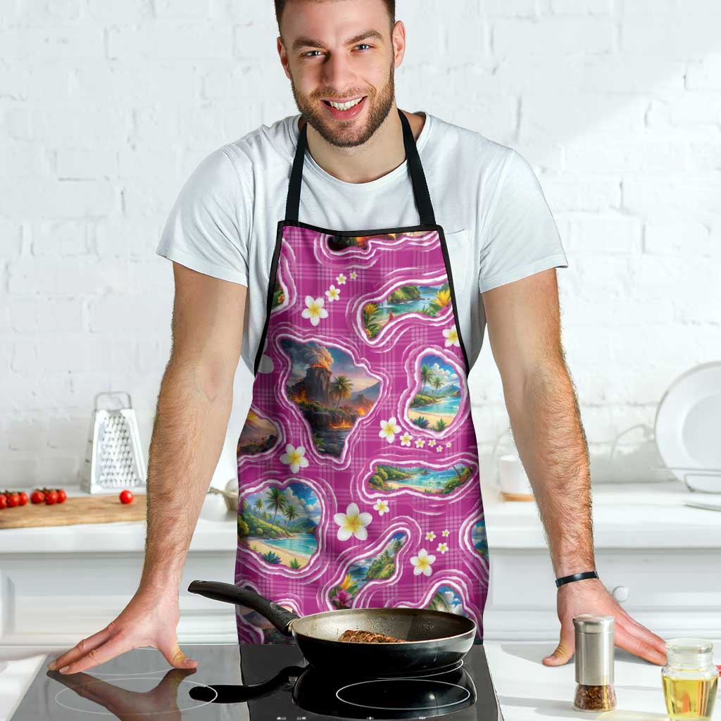 Hawaiian Island Shapes-Iconic Landscape Apron with Plumeria and Palaka Pink Color LT03 - Polynesian Pride