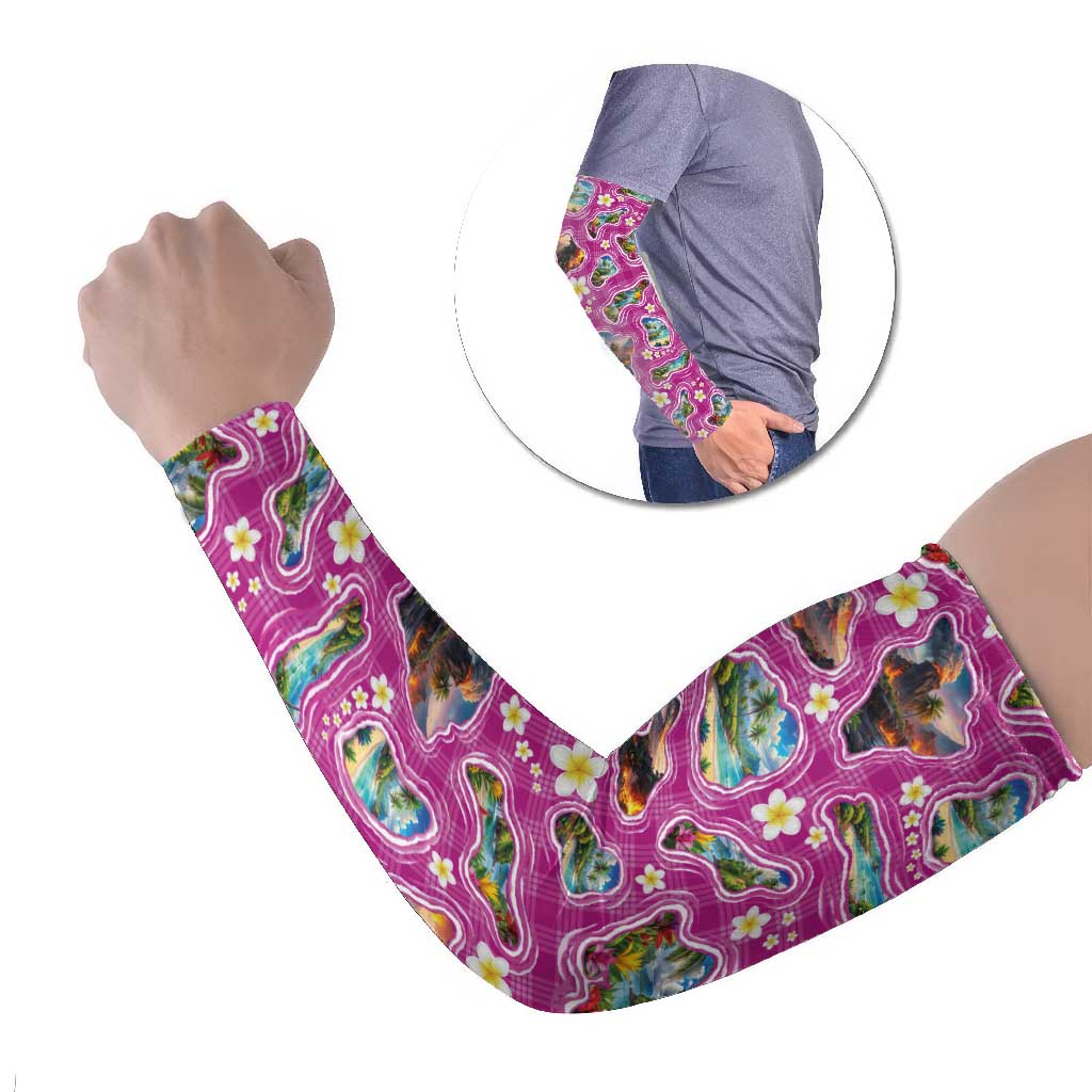 Hawaiian Island Shapes-Iconic Landscape Arm Sleeves with Plumeria and Palaka Pink Color