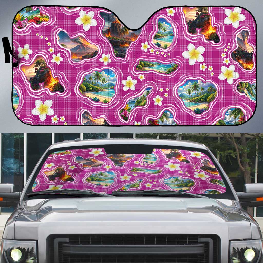 Hawaiian Island Shapes-Iconic Landscape Auto Sun Shade with Plumeria and Palaka Pink Color