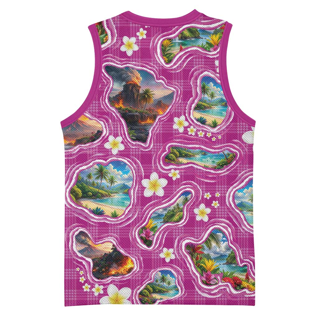 Hawaiian Island Shapes-Iconic Landscape Basketball Jersey with Plumeria and Palaka Pink Color LT03 - Polynesian Pride