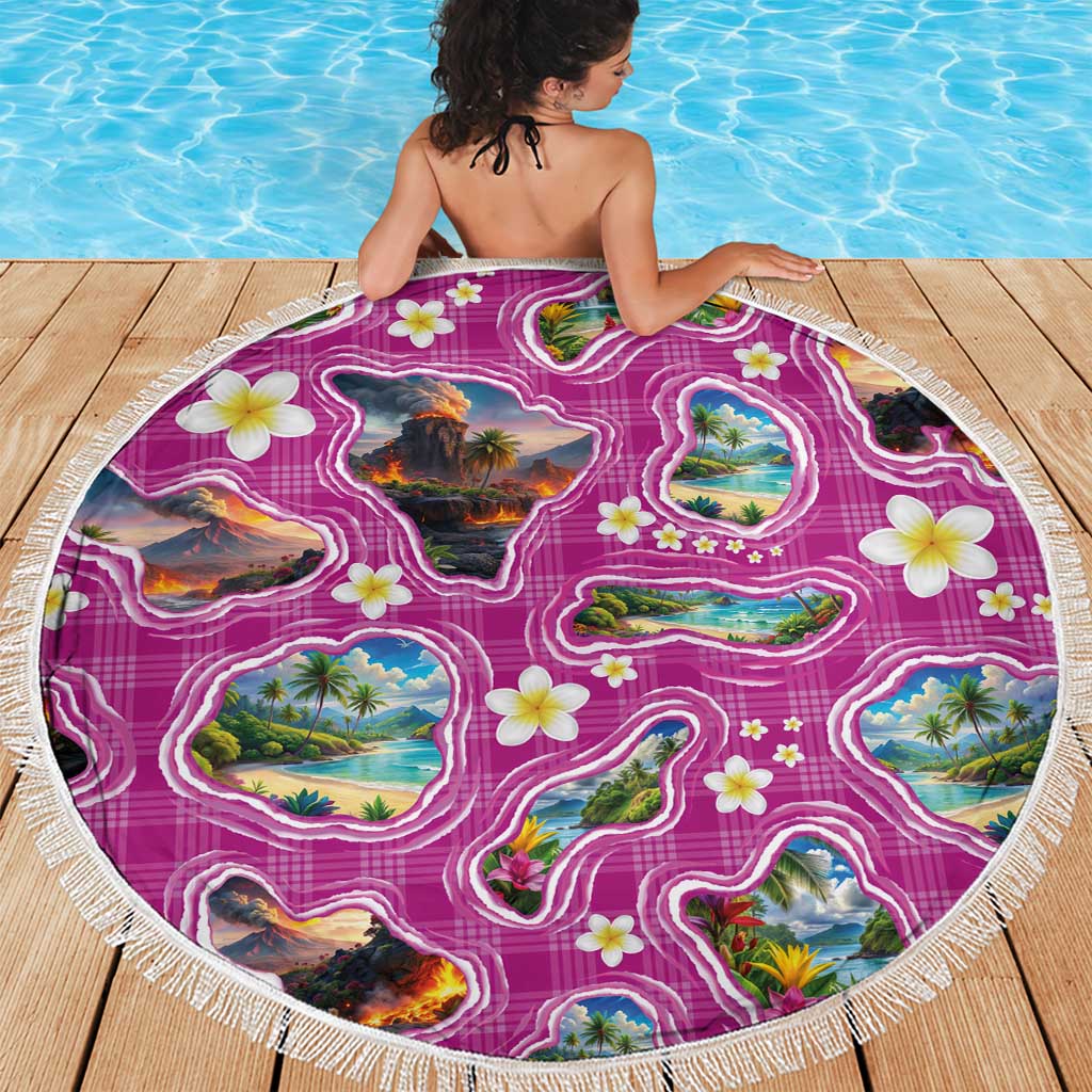 Hawaiian Island Shapes-Iconic Landscape Beach Blanket with Plumeria and Palaka Pink Color LT03 - Polynesian Pride
