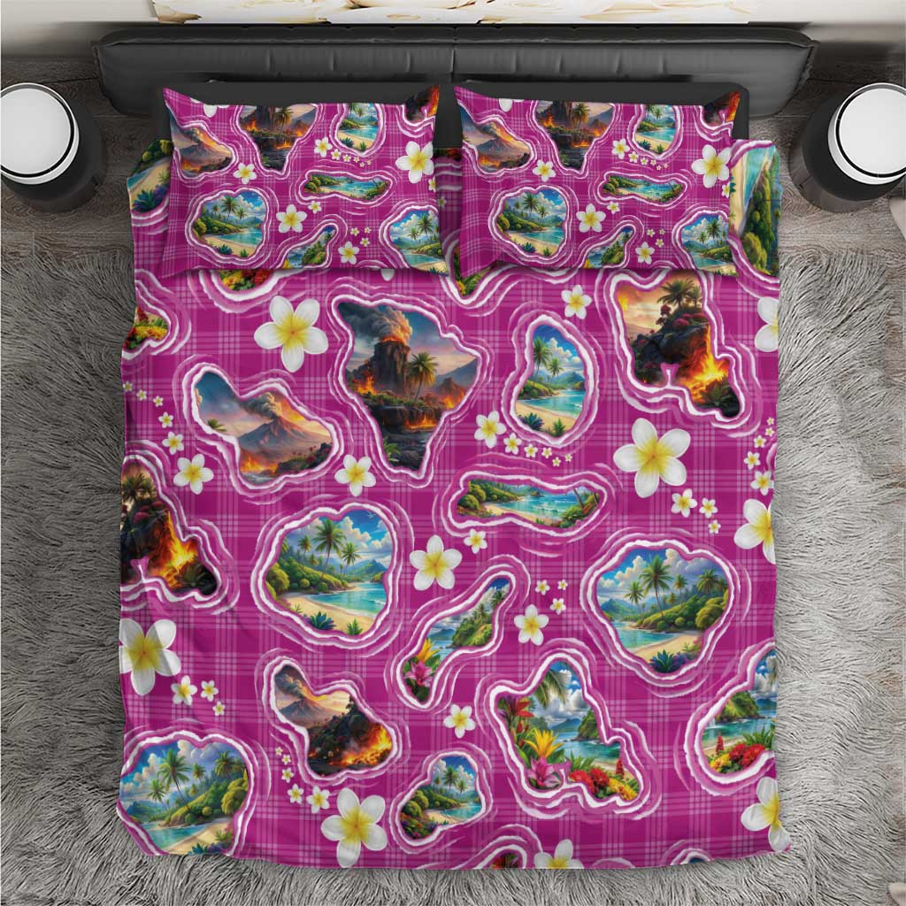 Hawaiian Island Shapes-Iconic Landscape Bedding Set with Plumeria and Palaka Pink Color