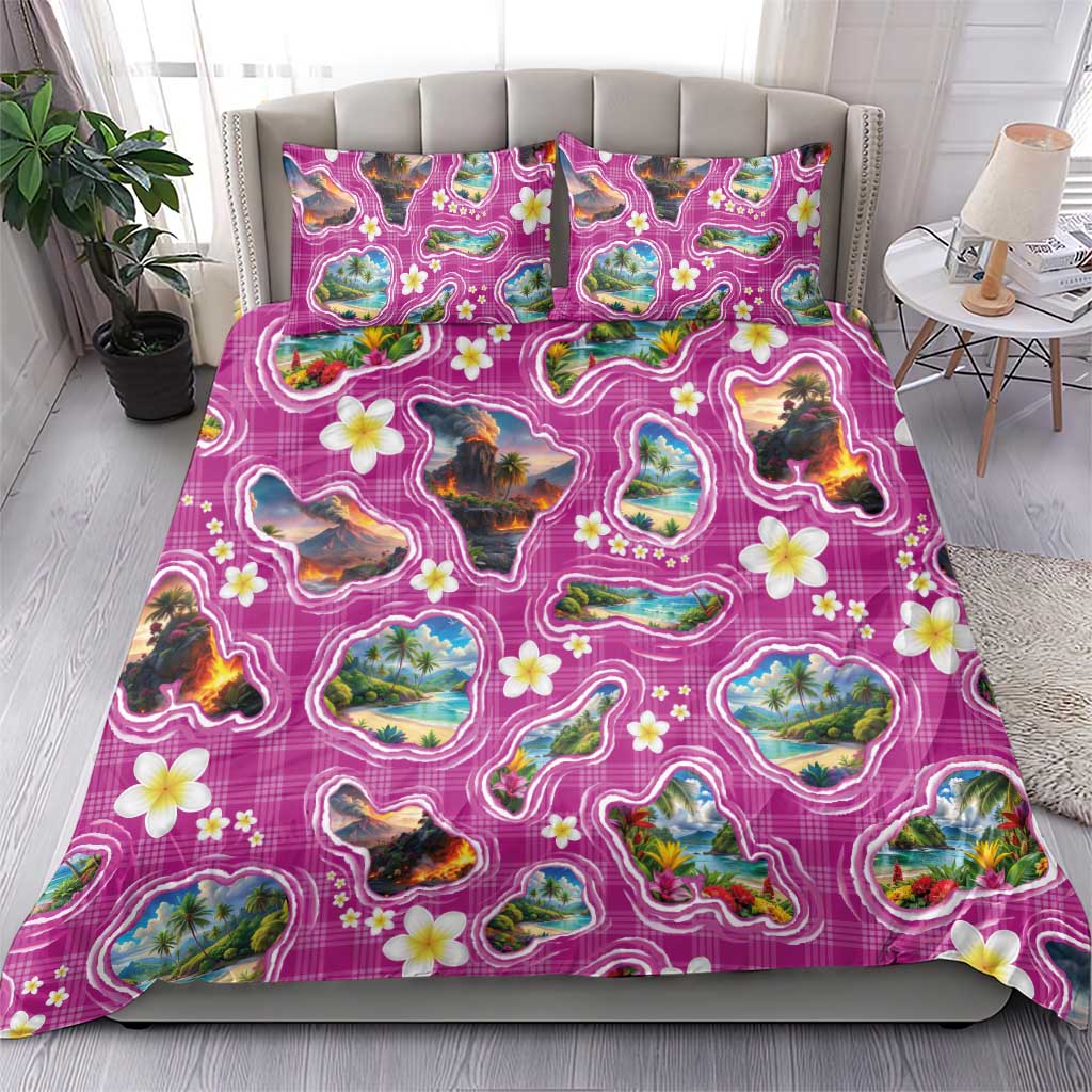 Hawaiian Island Shapes-Iconic Landscape Bedding Set with Plumeria and Palaka Pink Color