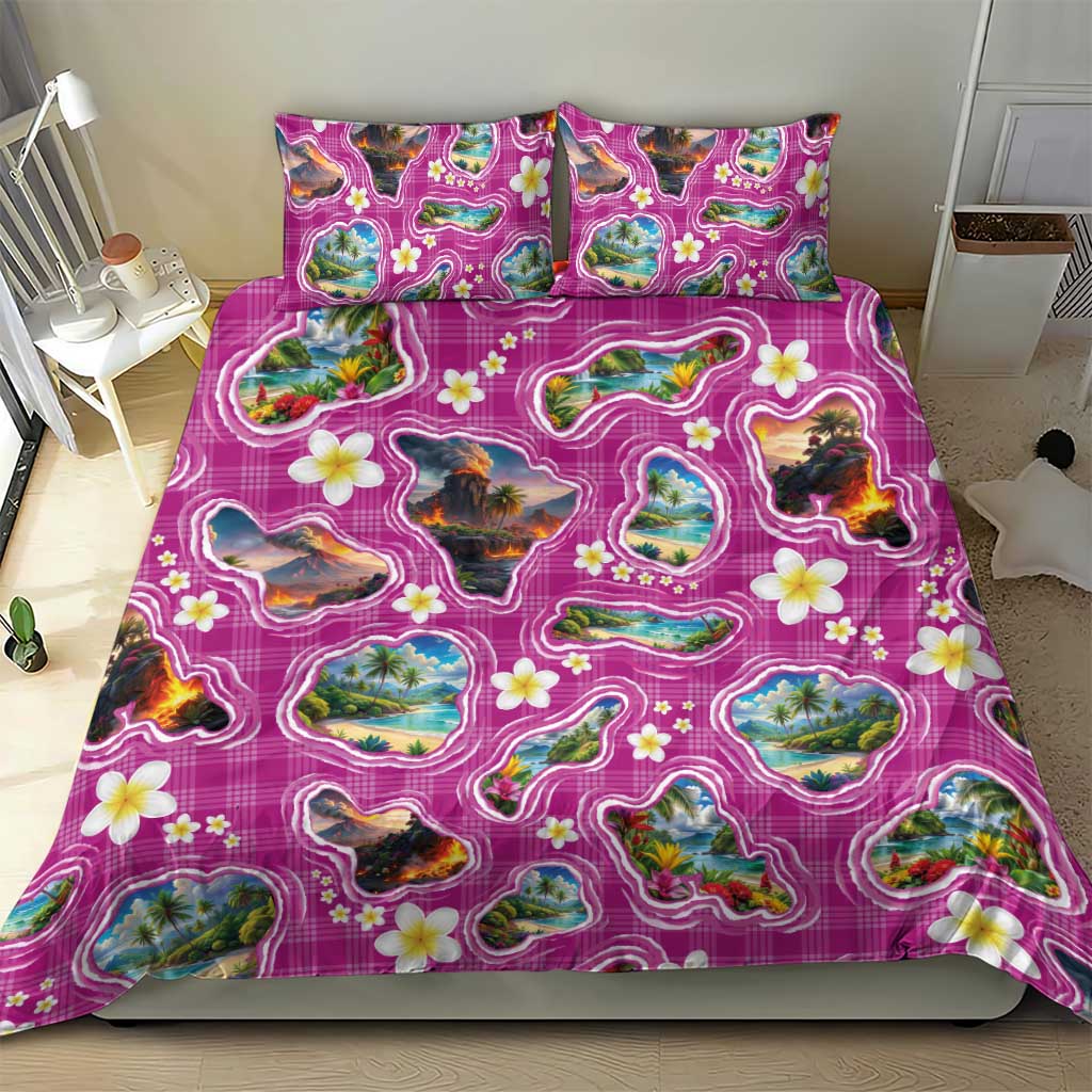 Hawaiian Island Shapes-Iconic Landscape Bedding Set with Plumeria and Palaka Pink Color